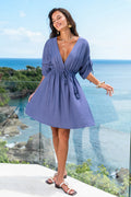 Marineblaues Kurzarm Mini-Strandkleid mit tiefem Ausschnitt