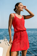 Rotes V-Ausschnitt Mini-Strick-Strandkleid