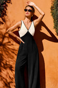 Schwarzer ärmelloser Farbblock V-Ausschnitt Jumpsuit