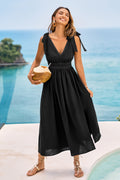 Schwarzes Maxi-Urlaubs-Sommerkleid mit tiefem Ausschnitt