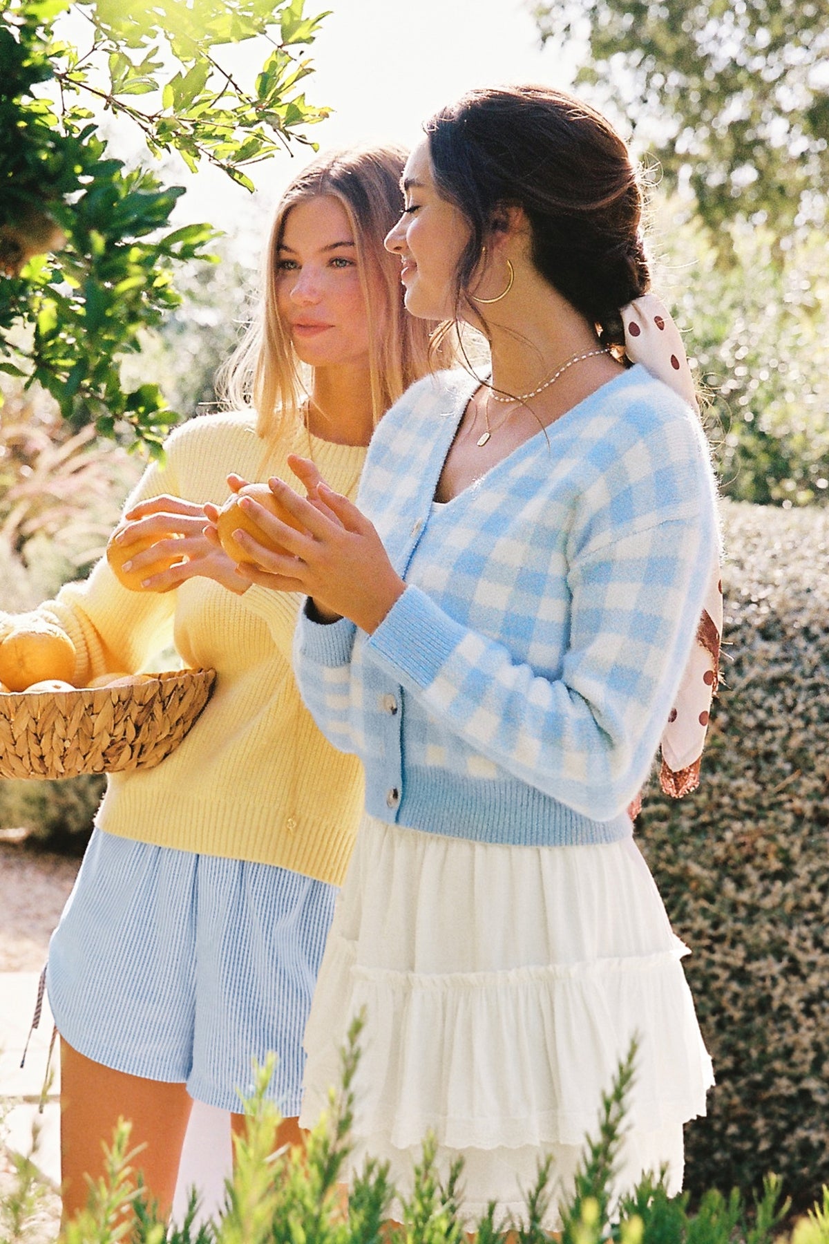 Blau Karierte Strickjacke mit V-Ausschnitt