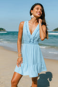 Blaues Ärmelloses Mini-Sommerkleid mit tiefem Ausschnitt