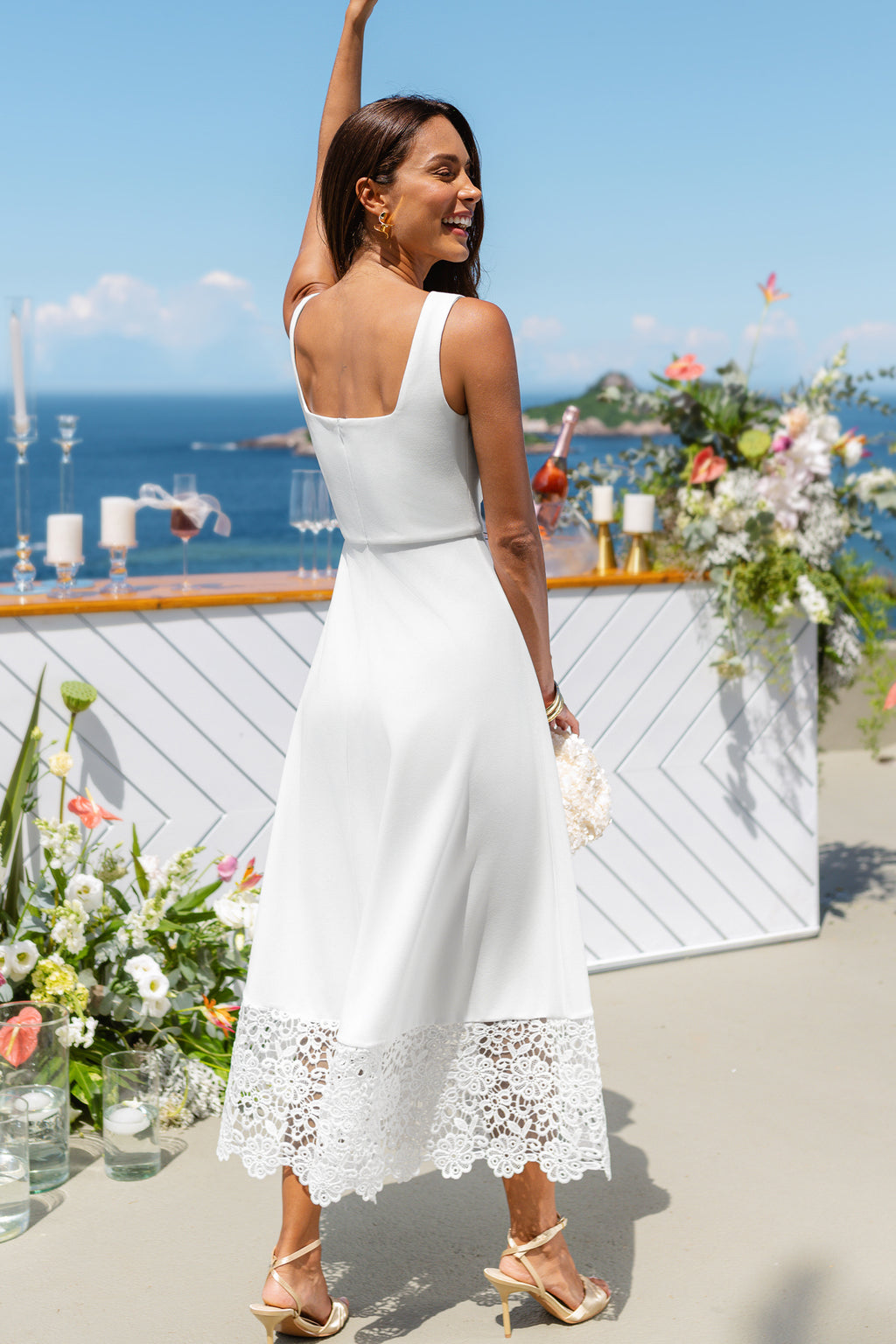 Weißes Ärmelloses Midi-Abendkleid mit Spitzensaum