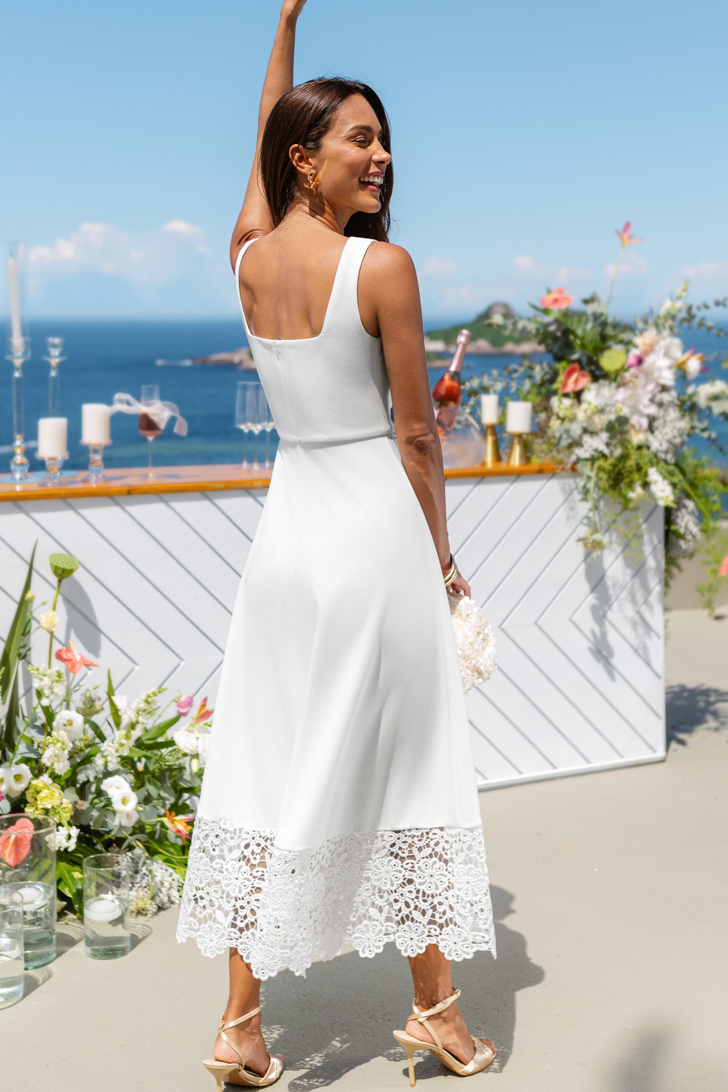 Weißes Ärmelloses Midi-Abendkleid mit Spitzensaum