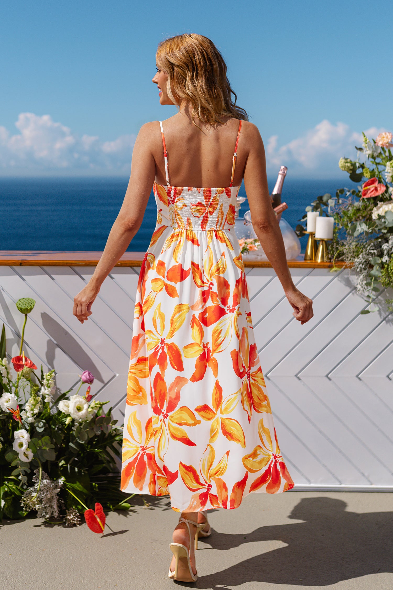 Orange Geblümtes Ärmelloses Maxikleid