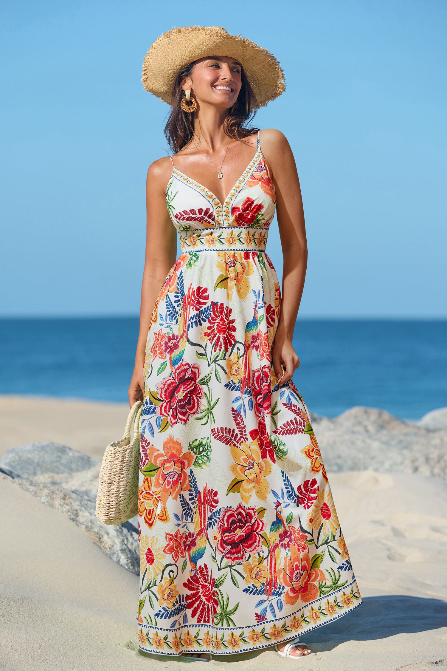 Geblümtes Tiefer Ausschnitt Maxi-Strandkleid
