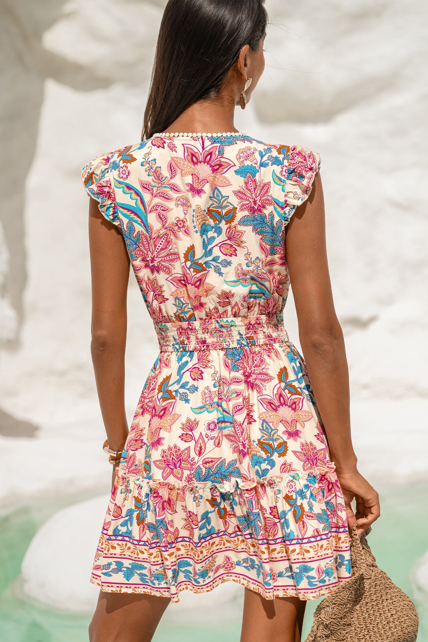 Geblümtes Ärmelloses Mini-Strandkleid