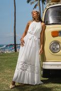 Weißes Maxi-Strandkleid mit Rundhalsausschnitt und Spitzenbesatz