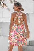 Blumiges Hoher Ausschnitt Minikleid