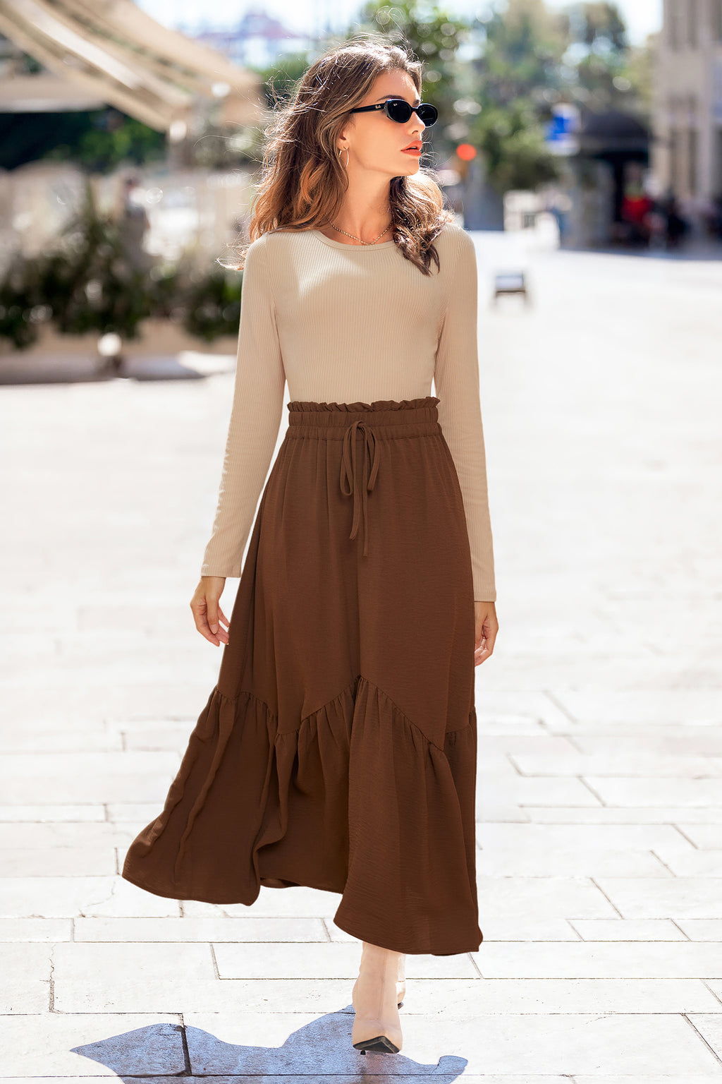Farbblock Langarm Maxi-Freizeitkleid mit Rundhalsausschnitt