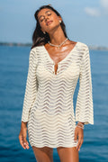Beiges Tiefer Ausschnitt Langarm Mini-Strick-Strandkleid