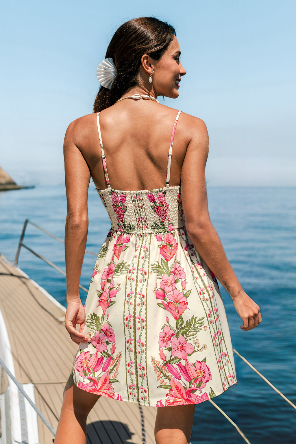 Geblümtes ärmelloses V-Ausschnitt Mini-Strandkleid