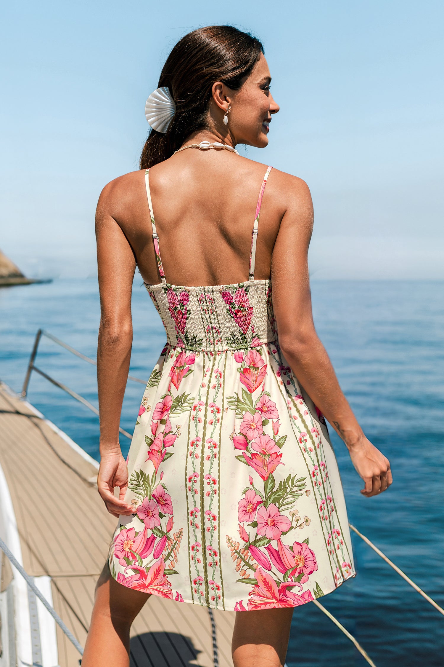Geblümtes ärmelloses V-Ausschnitt Mini-Strandkleid