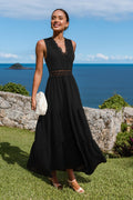Schwarzes Ärmelloses V-Ausschnitt Maxi-Urlaubs-Sommerkleid