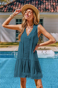 Blaues Ärmelloses Mini-Strandkleid mit Kontrastspitze
