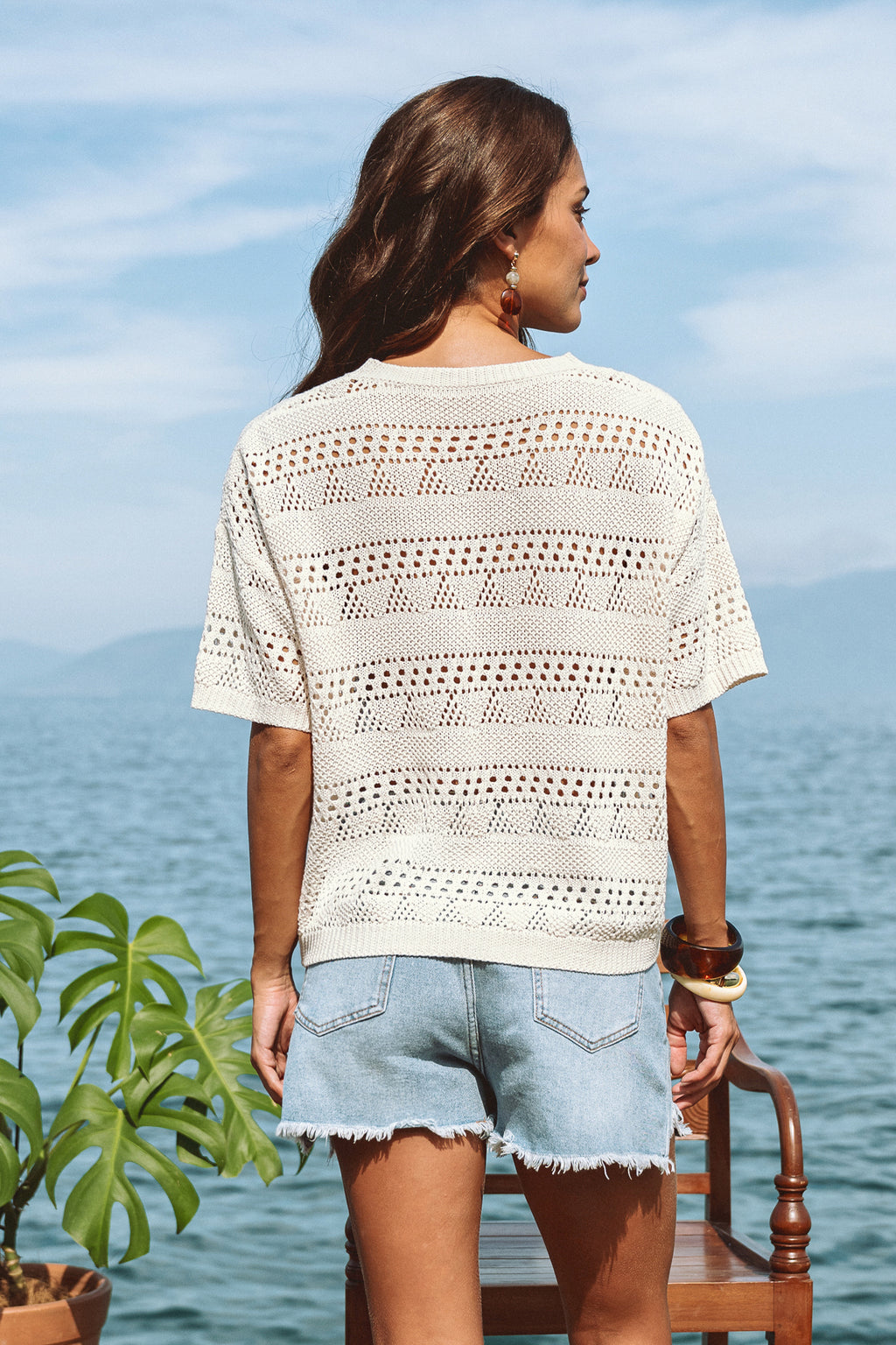 Beiges Kurzarm Stricktop