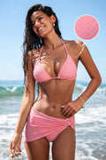 Rosa 3-teiliges Low-Waist Neckholder-Bikini-Set mit Sarong