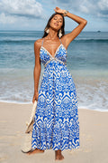 Blau Abstraktes Tiefer Ausschnitt Midi-Strandkleid