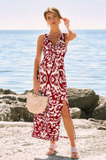 Rot Abstraktes Midi-Sommerkleid mit Seitenschlitz