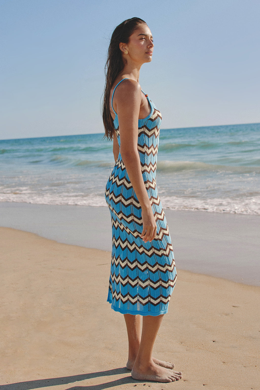 Blau Gestreiftes Midi-Strick-Strandkleid mit U-Ausschnitt