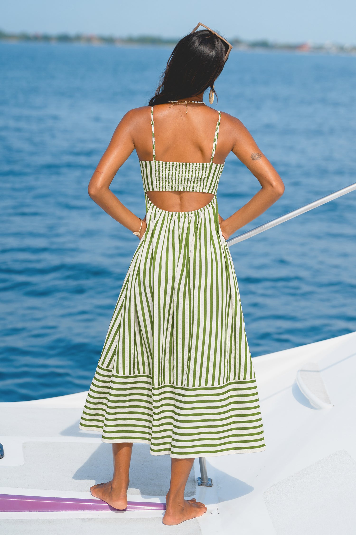 Grün Gestreiftes Quadratischer Ausschnitt Maxi-Strandkleid