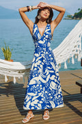 Blau Tropisches Ärmelloses Maxi-Strandkleid mit tiefem Ausschnitt