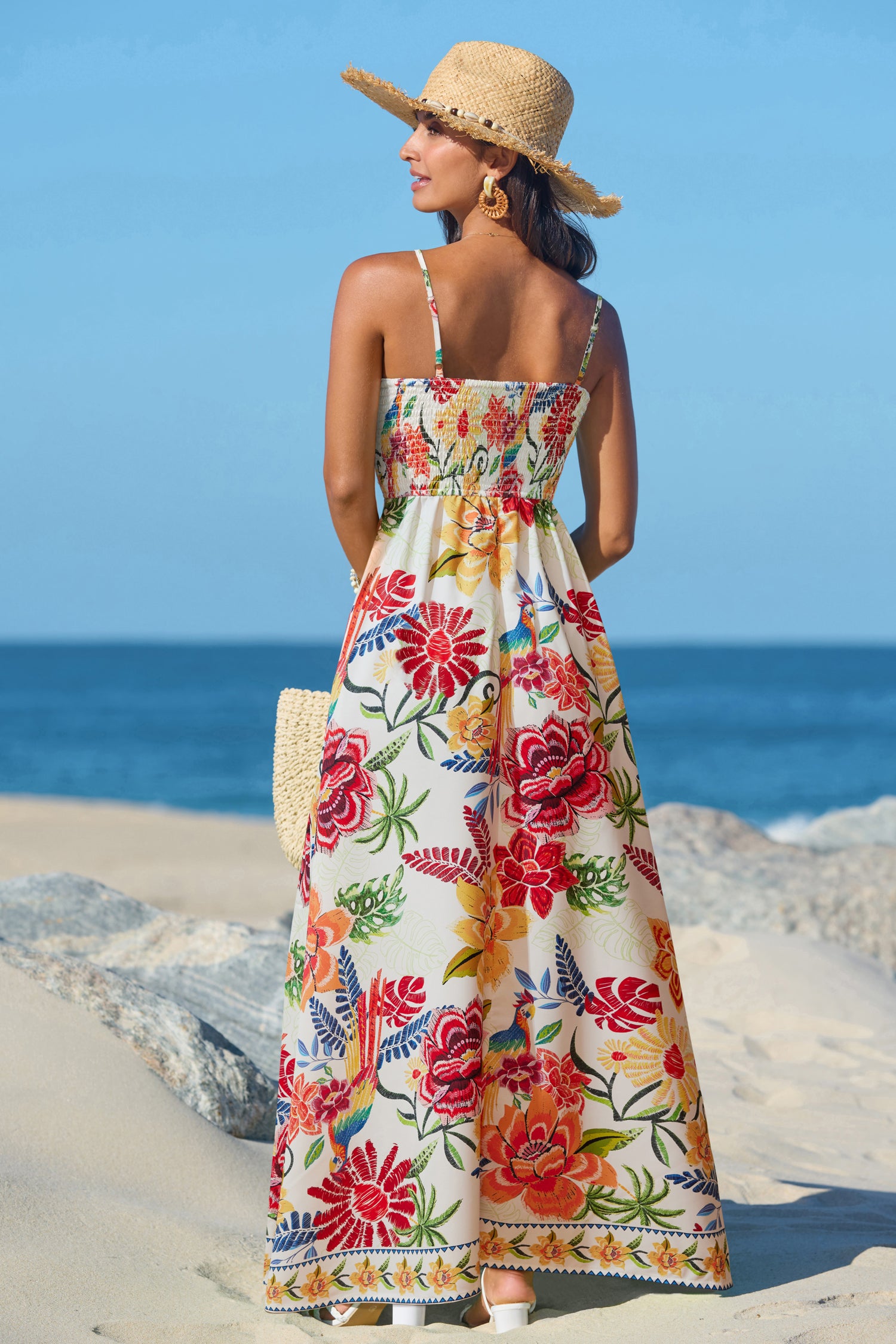 Geblümtes Tiefer Ausschnitt Maxi-Strandkleid
