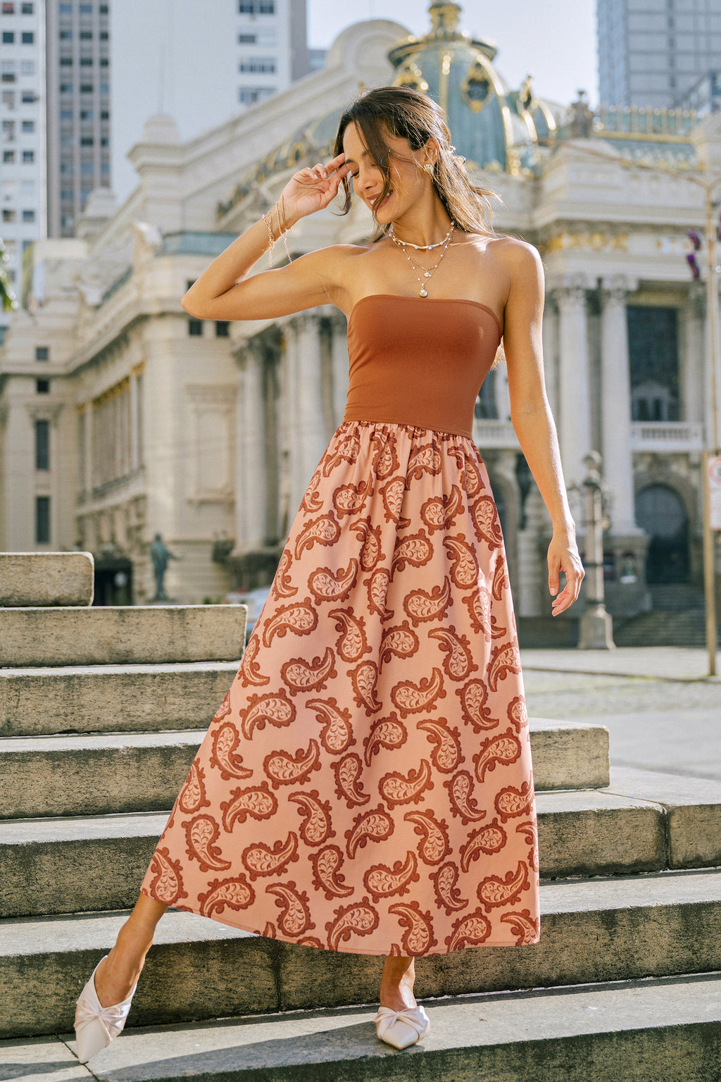 Orange Bandeau-Maxikleid mit Paisley-Muster