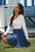 Polka Dots Langarm Minikleid mit V-Ausschnitt