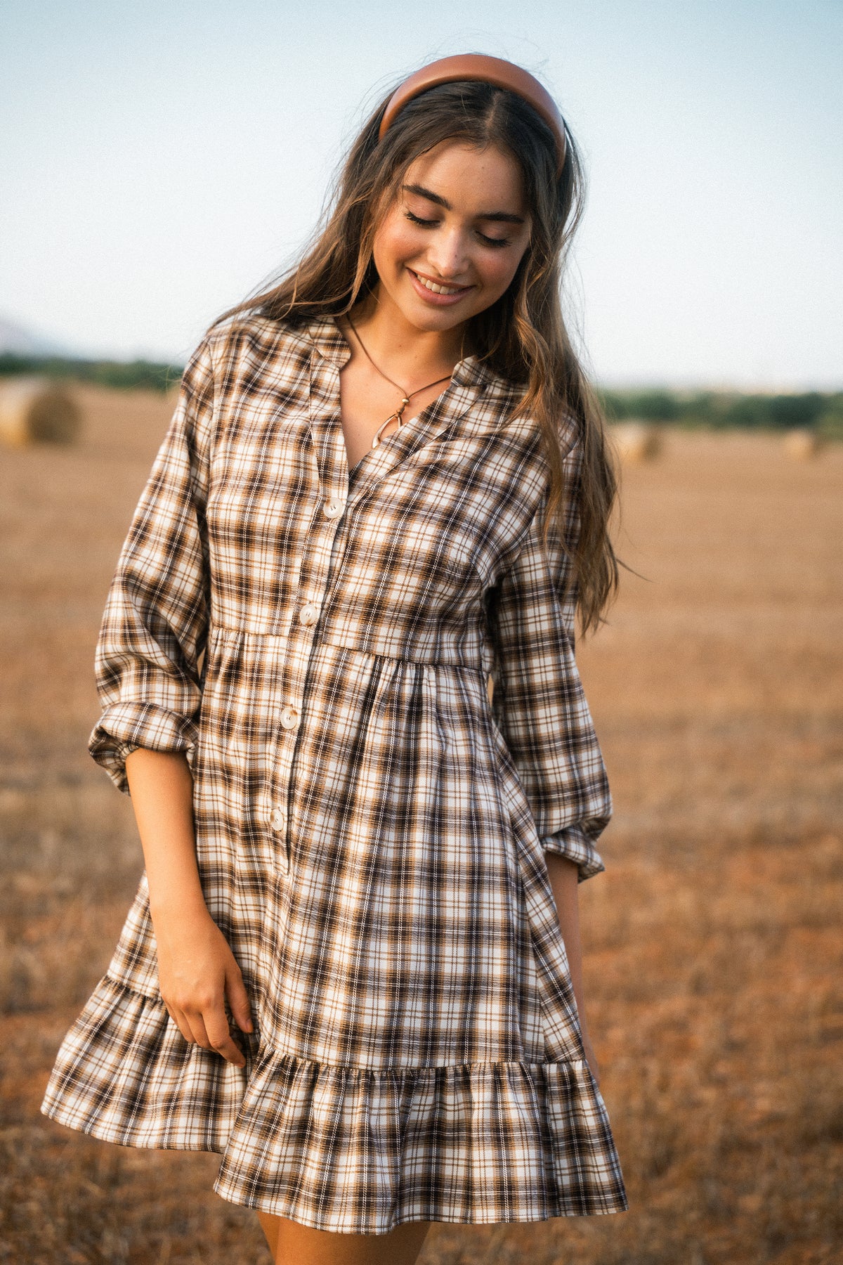 Braun Kariertes Langarm Minikleid