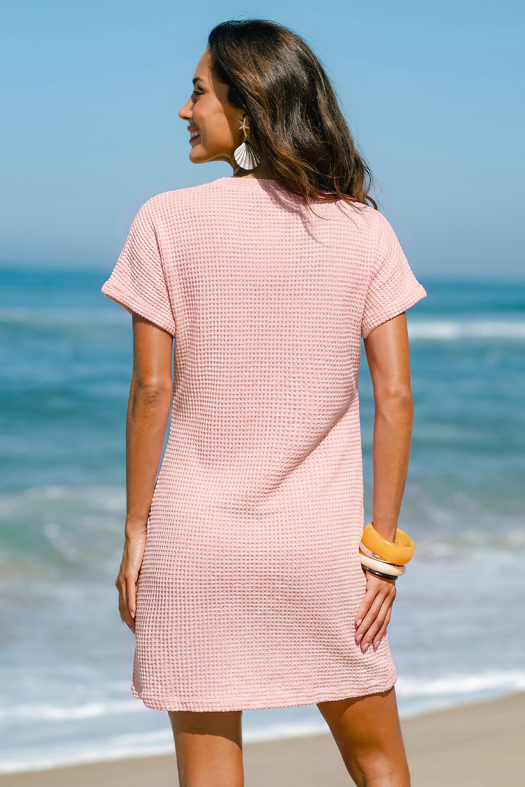 Rosa Kurzarm Mini-Strick-Strandkleid