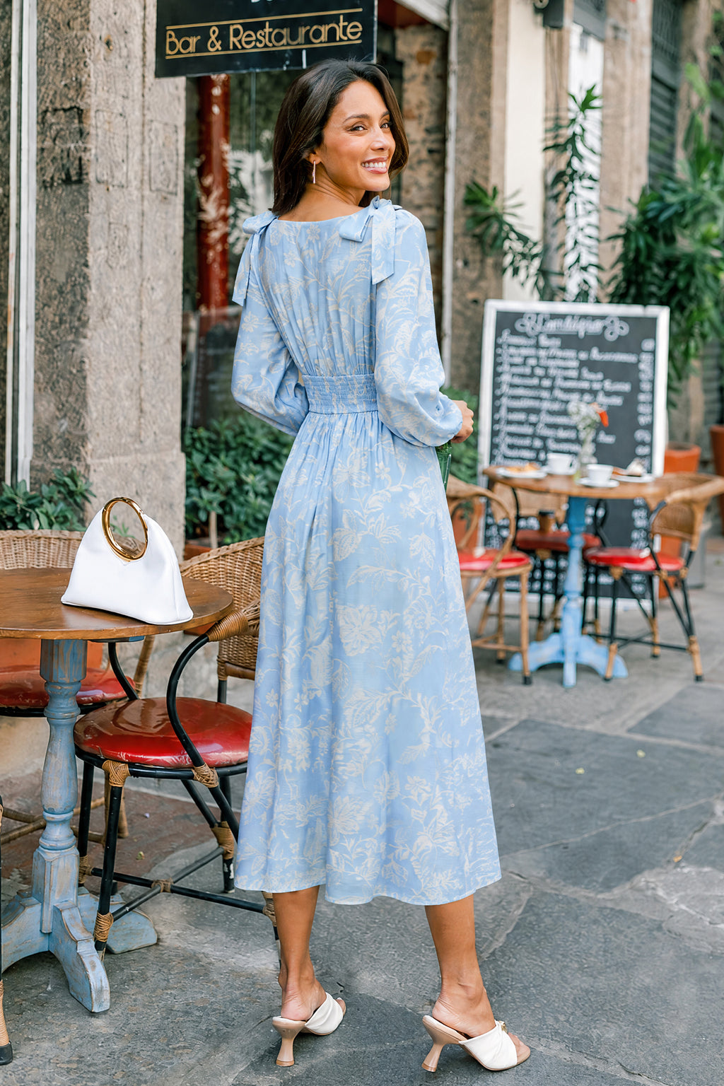 Blau Elegantes Geblümtes V-Ausschnitt Langarm Maxikleid
