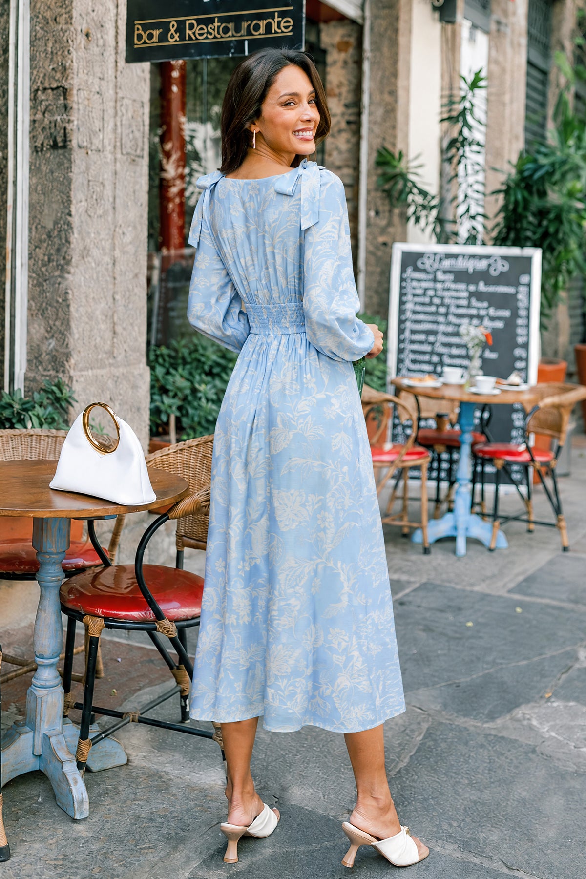 Blau Elegantes Geblümtes V-Ausschnitt Langarm Maxikleid