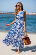 Blau Tropisches Asymmetrischer Ausschnitt Maxi-Strandkleid