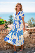Blau-Weißes Maxi-Blusenkleid mit Taillenband