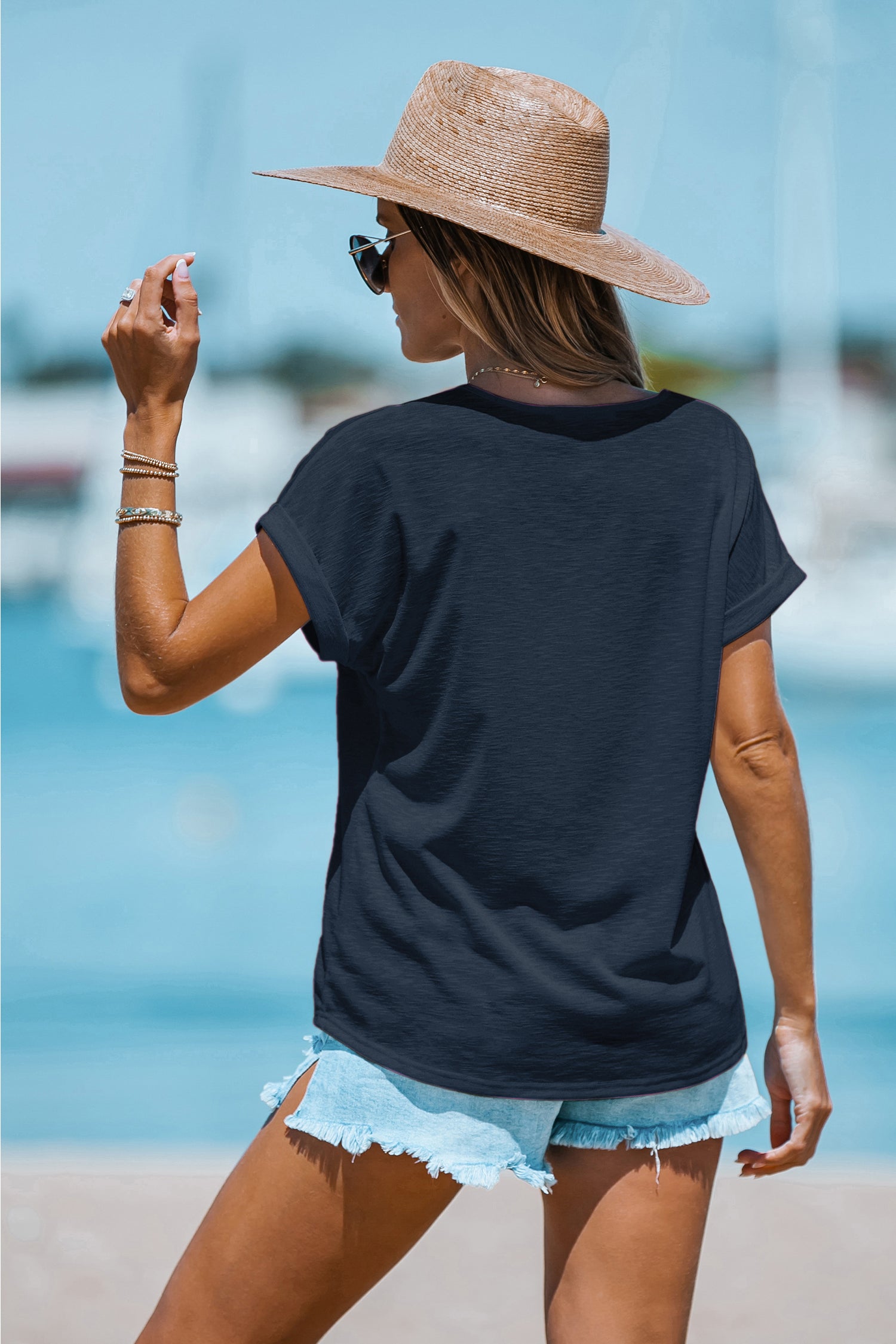 Marineblaues V-Ausschnitt Kurzarm Leicht Transparentes T-Shirt