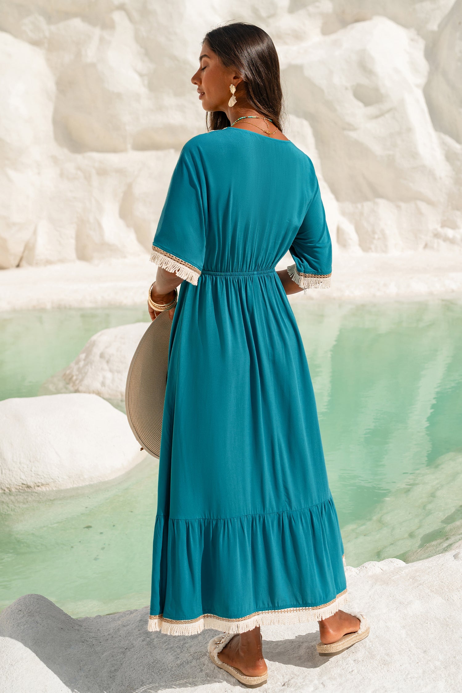 Blaues Boho V-Ausschnitt Maxi-Strandkleid