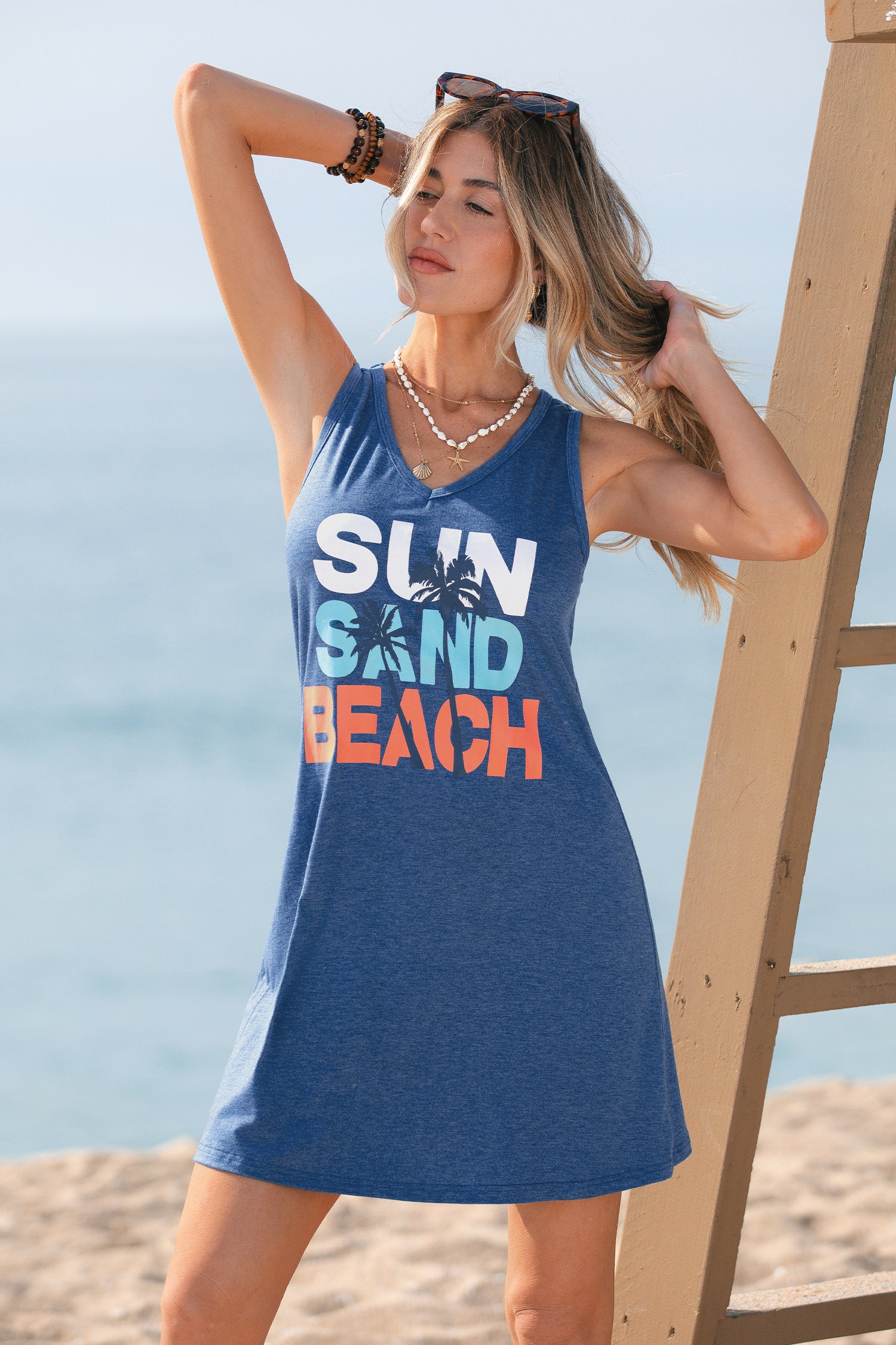 Blaues Ärmelloses V-Ausschnitt Mini-Strandkleid mit Grafik-Print