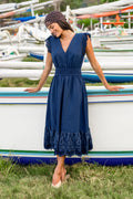 Marineblaues V-Ausschnitt Midikleid