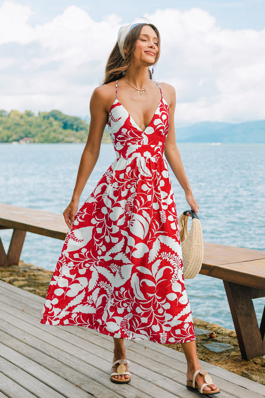Rot tropisches ärmelloses V-Ausschnitt Maxi-Strandkleid