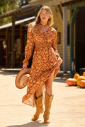 Boho Orange Lange Ärmel Maxi-Wickelkleid mit Blumenmuster