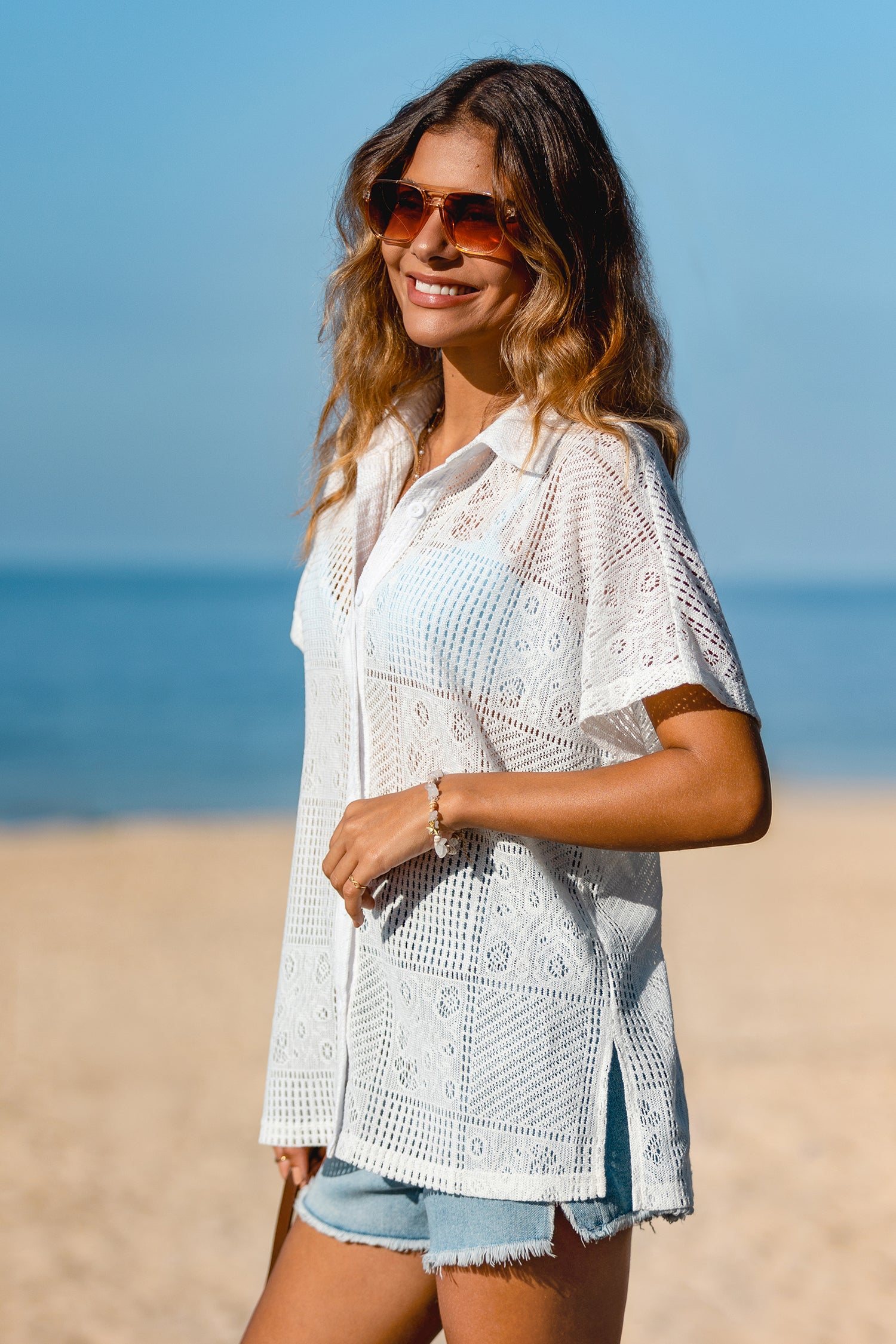 Weiße Kurzarm-Bluse mit Hemdkragen