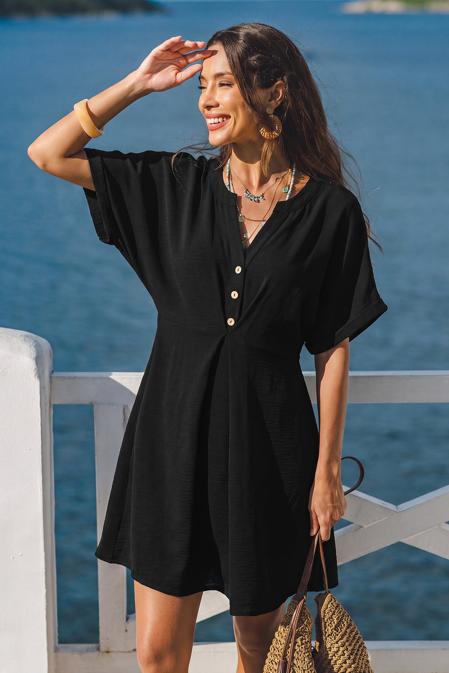 Schwarzes Kurzarm Mini-Freizeitkleid