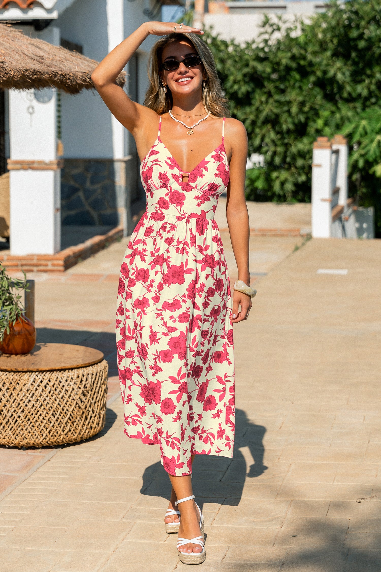 Geblümtes Tiefer Ausschnitt Maxi-Strandkleid mit Keyhole-Detail