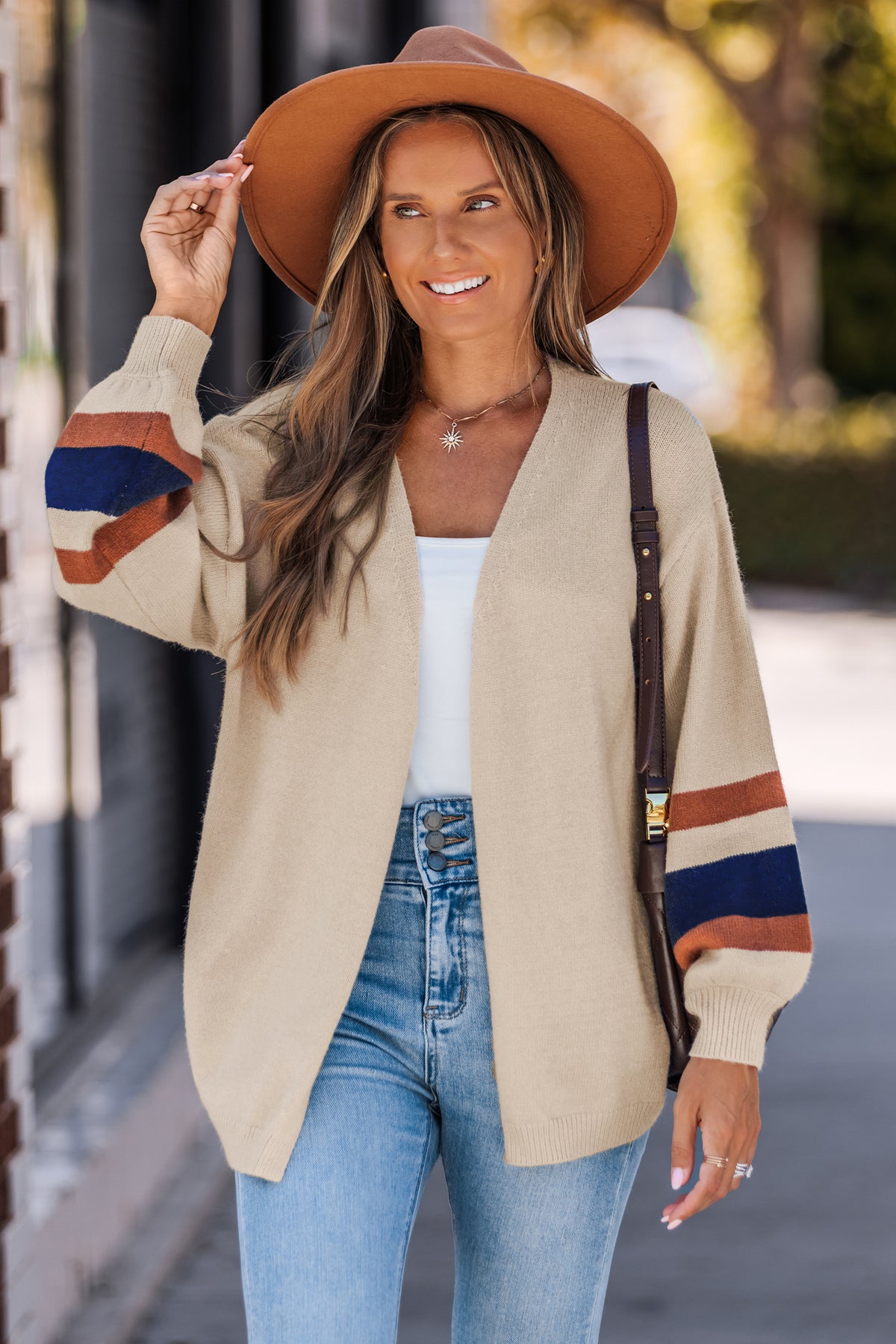 Beige Klassische Gestreifte Strickjacke