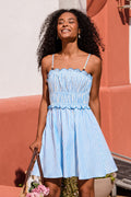 Blau Gestreiftes Mini-Sommerkleid mit eckigem Ausschnitt