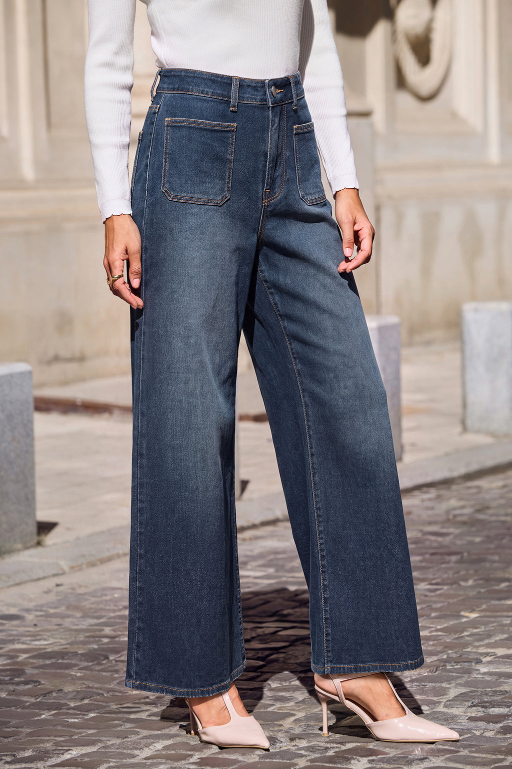 Blaue Ultra-High-Waist Jeanshose mit weitem Bein und Taschen