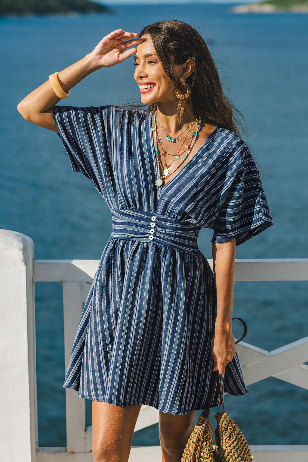 Blau Gestreiftes V-Ausschnitt Kurzarm Mini-Urlaub-Sommerkleid