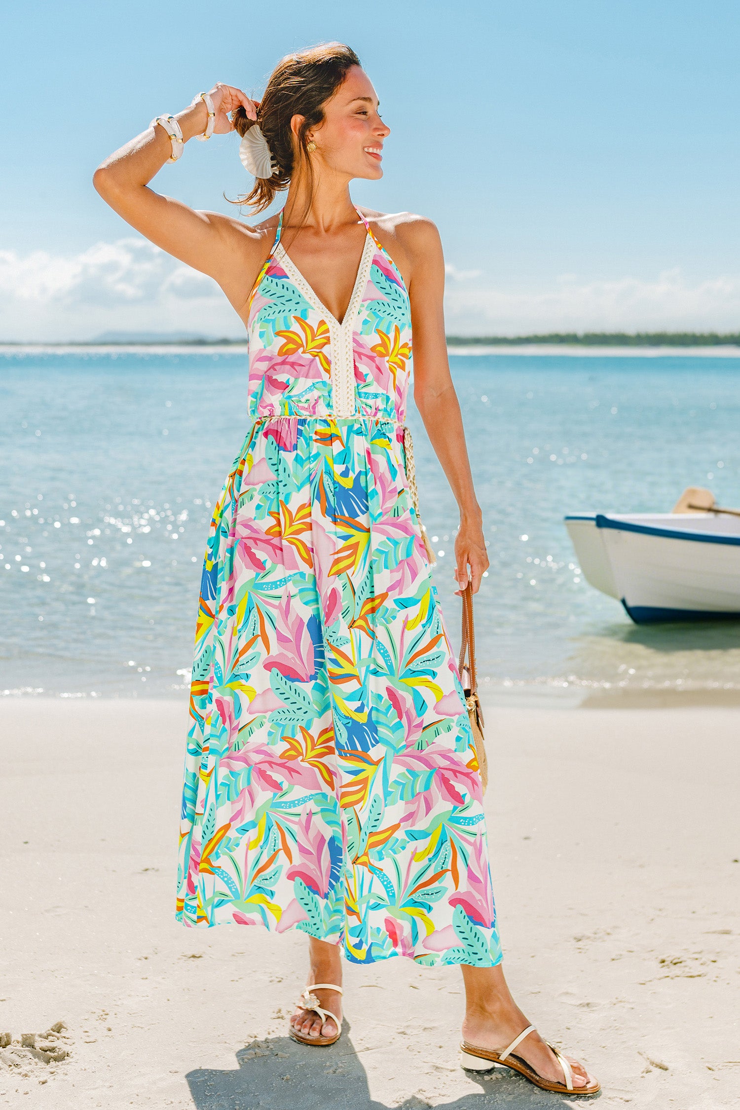 Tropisches Ärmelloses V-Ausschnitt Maxi-Strandkleid