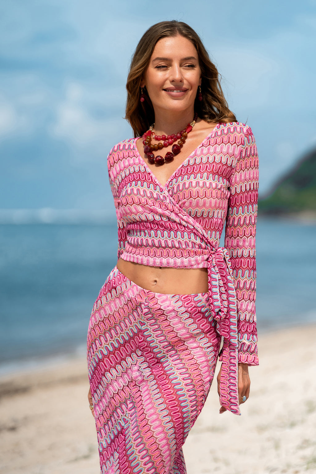 Rosa Langarm Strand-Wickeloberteil